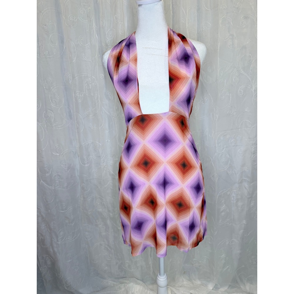 Olivaceous Purple Orange Geometric Diamond Plunge Halter Mini Dress size small